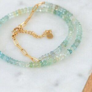 Ombre Aquamarine Beaded Necklace Genuine Gemstone Waterproof Gold Adjustable
